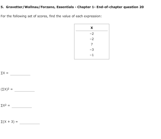 5. Gravetter/Wallnau/Forzano, Essentials Chapter 1- End-of-chapter question 20 For the following set of scores, find the value of each expression: 2 2 (2X)2- E(x + 3)
