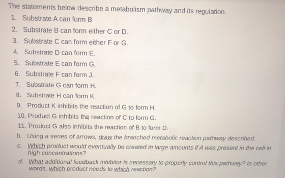 The statements below describe a metabolism pathway and its regulation. 1. Substrate A can form B 2. Substrate B can form eith
