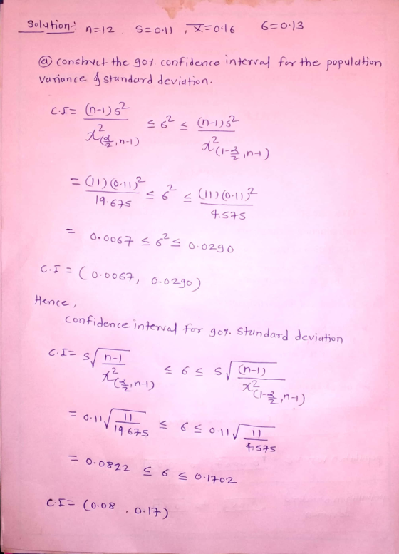 conshvct the 301. confidence interva fir the populdbon vaiunce shundard deviaton (d. , n-1) 2. (I-2 デin- 19 675 0.0067 62-0.02g。 c.r: Co.oo67, 0.0290) Hence Confidente interv for goy. Stundard deviation 2. (4, nリ 457s = 0.0822 C 6-0-1702