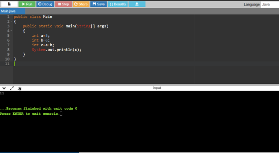 {} Beautify Language Java Run Debug Stop e Share A Save Main.java 1 public class Main 2 { public static void main(String[] ar