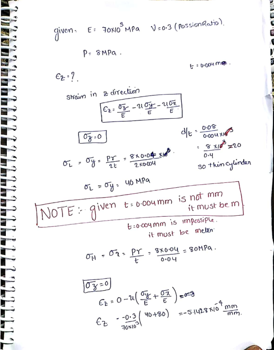 given E 30-3 (RossionRatio P 8MPa Rs e2 7 Sraim in 2 direction 0 88004メ 64 0.4 so thinndan OTE aiven t004mm is not mnm it must be m it most be met 20 IO