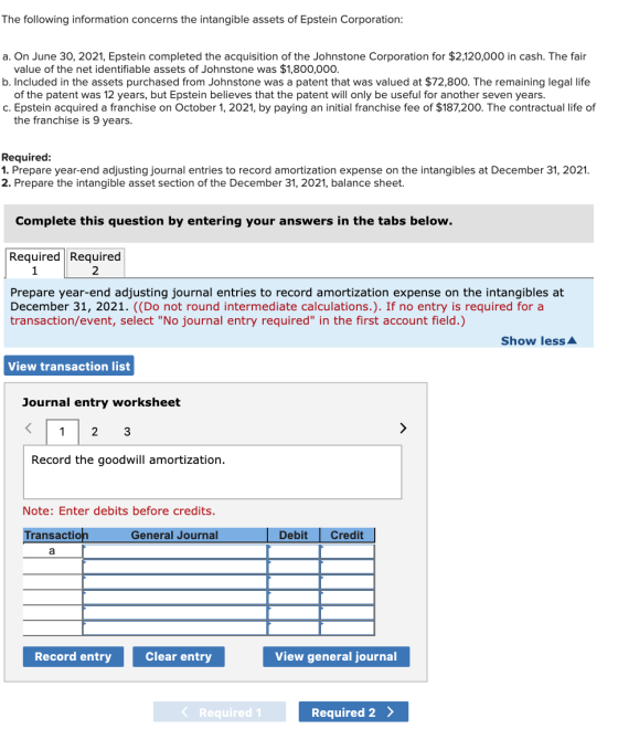 The following information concerns the intangible assets of Epstein Corporation: a. On June 30, 2021, Epstein completed the a
