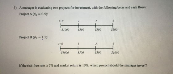 3) A manager is evaluating two projects for investment, with the following betas and cash flows: Project APA = 0.5): 1-0 -$10