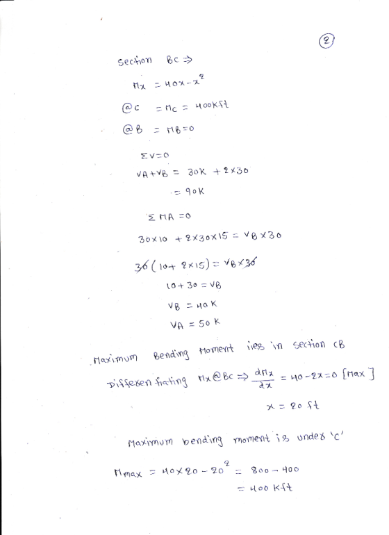 section Bc > Mx Hox-? @c - Mc = 400kft @ B = MB=0 EV=0 VA+VB = 30K + 2x30 - 90K EMA=0 30x10 +8X30x 15 =UBX30 36 (10+ 2x15) =