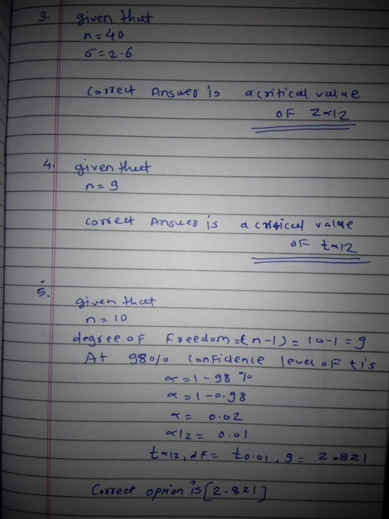 3- Given thoet 6 2.6 Core나 Answer is acnh. calvalue 4 given hreet iven h cut At 98/o Confidente leveoftis っ Coreet ophon is2-82