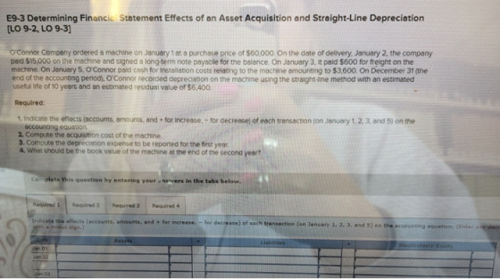 E9-3 Determining Financic Statement Effects of an Asset Acquisition and Straight-Line Depreciation [LO 9-2, LO 9-3] OConnor