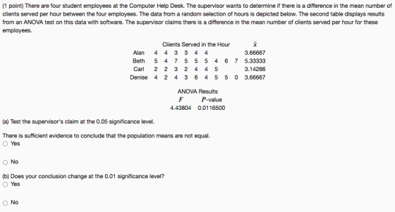 (1 point) There are four student employees at the Computer Help Desk. The supervisor wants to determine if there is a differe