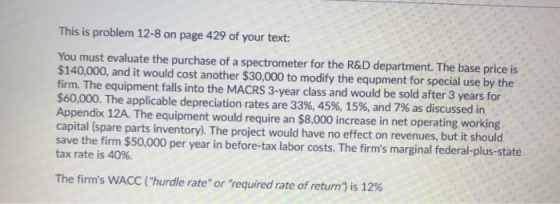 This is problem 12-8 on page 429 of your text: You must evaluate the purchase of a spectrometer for the R&D department. The b