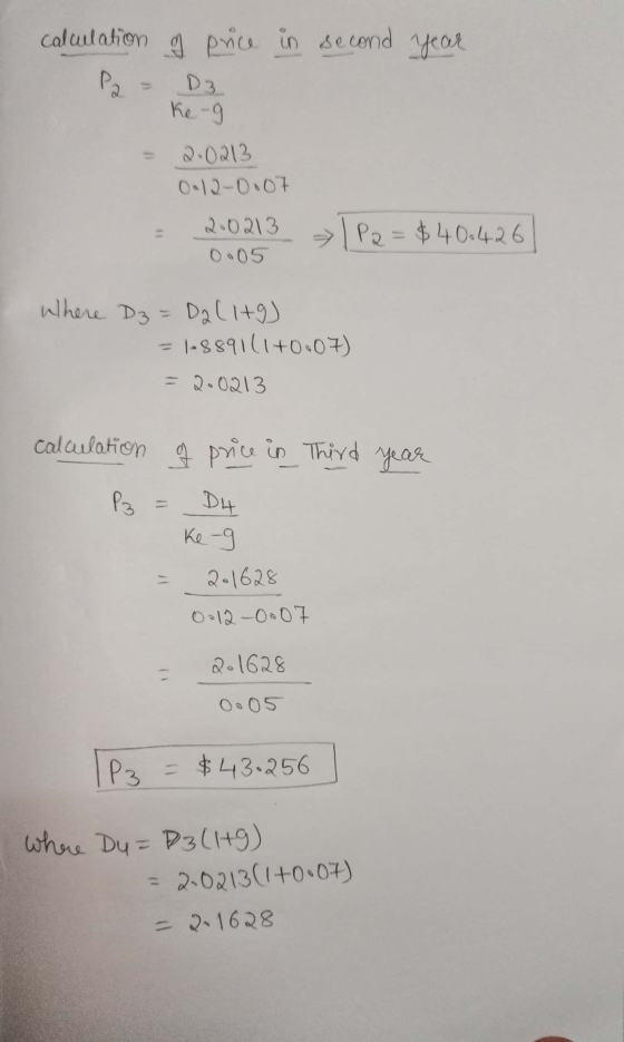 calculation of price in second year Pa D3 Ke-9 2.0213 0.13-0.07 2.0213 0.05 | P2 = $40:426 where D3 = Dalto) 1-889111+0.07) =