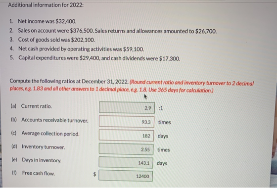 Additional information for 2022: Net income was $32,400. 1. Sales on account were $376,500. Sales returns and allowances amou