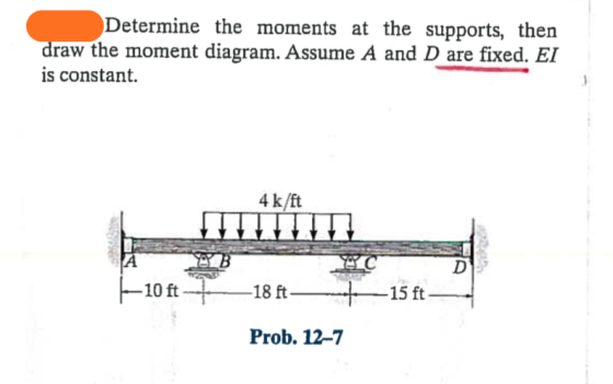Determine the moments at the supports, then draw the moment diagram. Assume A and D are fixed. EI is constant. 4 k/ft -10 ft-t 18 ft--+--15 ft-- Prob. 12-7