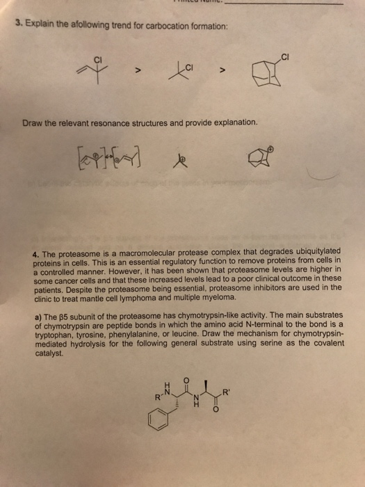 3. Explain the afollowing trend for carbocation formation: Draw the relevant resonance structures and provide explanation Een