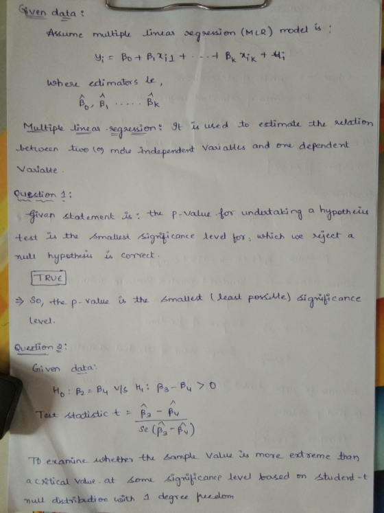 Given data: Assume multiple lineas segression (MLR) model is : Y = Bo+ Bxit. ...+ Bx dik + 4i where edimators le BK 1 Multipl