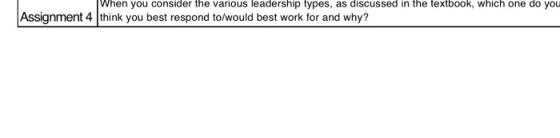 When you consider the various leadership types, as discussed in the textbook, which one do you Assignment 4 |think you best r