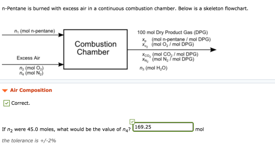n-Pentane is burned with excess air in a continuous combustion chamber. Below is a skeleton flowchart. n (mol n-pentane) Comb