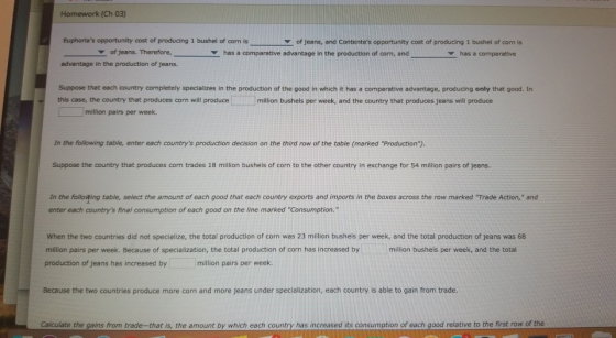 Homework (Ch 03) Euphorias opportunity cost of producing 1 bushel of corn is ▼ of jeans, and Contentes opportunity cost of producing 1 bushel of corn is ▼ of jeans. Therefore,- advantage in the production of jeans. has a comparative ▼ has a comparative advantage in the production of corn, and Suppose that each country completely specializes in the production of the good in which it has a comparative advantage, producing only that good. In this case, the country that produces corn will produce million bushels per week, and the country that produces jeans will produce million pairs per week. In the following table, enter each countrys production decision on the third row of the table (marked Production) Suppose the country that produces corn trades 18 million bushels of corn to the other country in exchange for 54 million pairs of jeans. In the folloting table, select the amount of each good that each country exports and imports in the boxes across the row marked Trade Action, and enter each countrys final consumption of each good on the line marked Consumption. When the two countries did not specialize, the total production of corn was 23 million bushels per week, and the total production of jeans was 68 million pairs per week. Because of specialization, the total production of corn has increased by production of jeans has increased by million bushels per week, and the total million pairs per week Because the two countries produce more corn and more jeans under specialization, each country is able to gain from trade. Calculate the gains from trade-that is, the amount by which each country has increased its consumption of each good relative to the first row of the