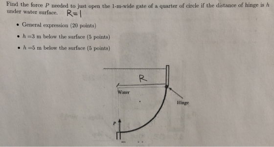 Find the force P needed to just open the 1-m-wide gate of a quarter of circle if the distance of hinge is h under water surfa