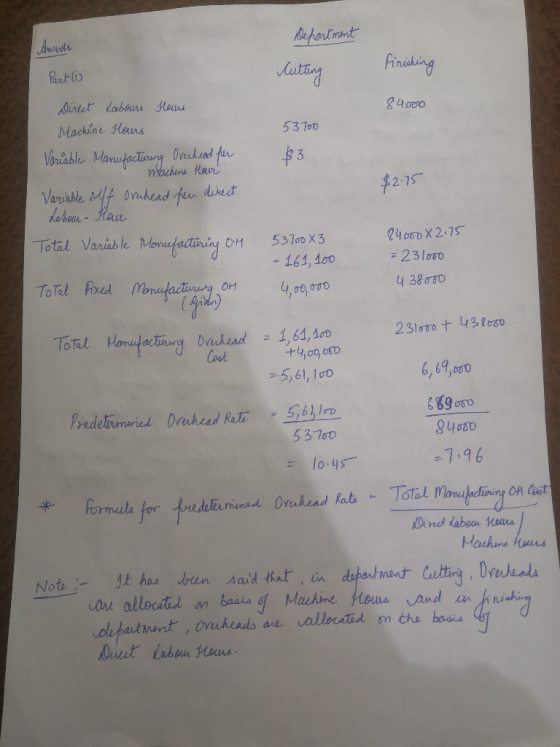 Department Answer Parti finishing Cutting 84000 53700 Direct labours Hans Machine Hours Variable Manufacturing Overhead for W
