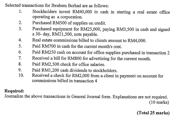 rio Selected transactions for Ibrahem Berhad are as follows: 1. Stockholders invest RM40,000 in cash in starting a real estat