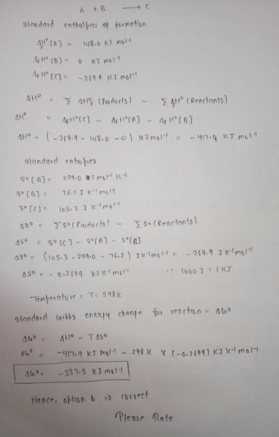 A + B standard enthalpies of formation 148.0 kJ molt AH [A] = 16 H0 [B] = If Ho [C] = 0 kJ molt -269.9 KI molt AHO - E SHOP (