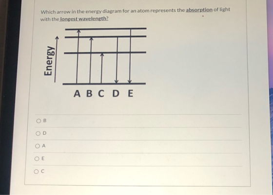 Which arrow in the energy diagram for an atom represents the absorption of light with the longest wavelength? Energy A B C D