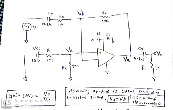 cs Rs Lp -Aw 1 OK M LOK 15 ci Hd NCC Rp Vat 15 V LOR 4.7ui STOK Ri Zik gain (AV) = Vo Scanned with Vio Cam Seatter Assuming o