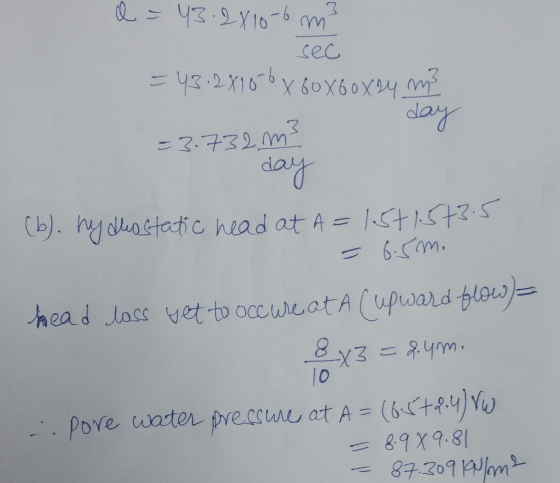 a = 43.2x10-6 m² sec -3.732 m² e day day (b). hydrostatic head at A=15+1.513.5 - 6.5m. head loss yet to occure at A Cupward f