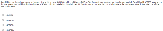 Sandhill Co. purchased machinery on January 1 at a list price of $410000, with credit terms 2/10, n/30. Payment was made with