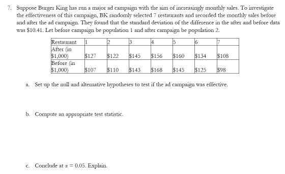 7. Suppose Burger King has run a major ad campaign with the aim of increasingly monthly sales. To investigate the effectivene