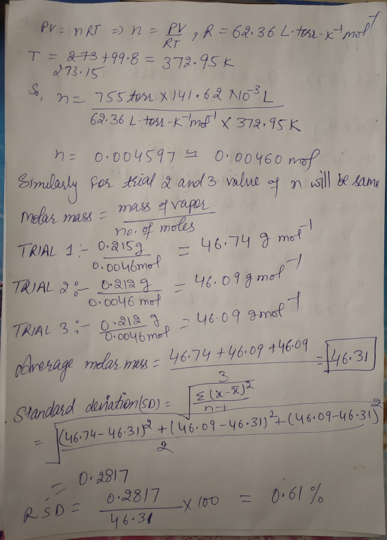 PV = nRT =) n = PV q R = 62.36 L torr-xt mol T = 273 +99.8= 372.95k 273,15 So, n= 755 torr X141062 No3L 62.36 L-torr - K mof