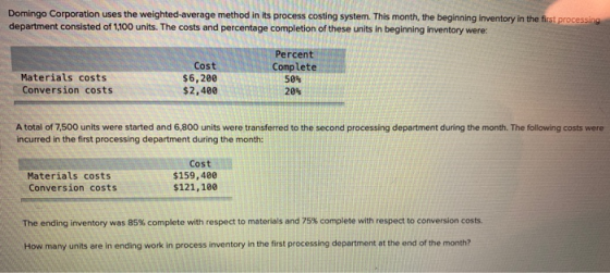 Domingo Corporation uses the weighted-average method in its process costing system. This month, the beginning inventory in th