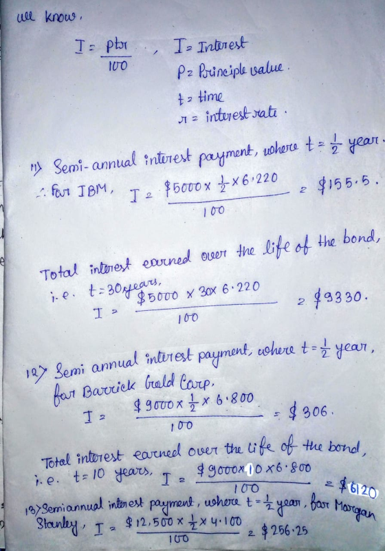 100 Ull know, I= ptr., I. Interest P2 Principle value to time v a interest rate : My Semi-annual interest payment, where to y