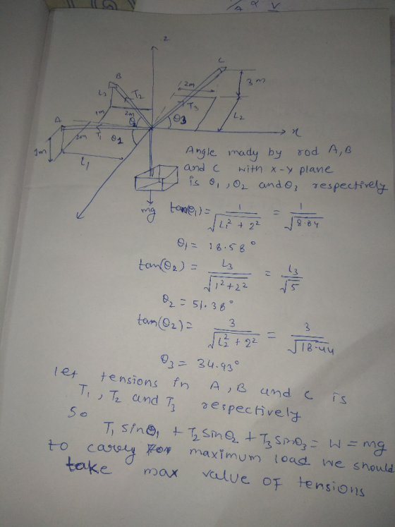 Angle mady by rod AB and c with X-y plane is o, O₂ ando, respectively ng tamen = 12 + 2 = 1804 O = 18.589 tance) = de = 51.36