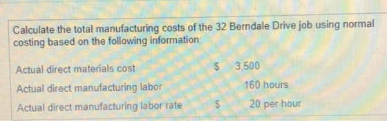 Calculate the total manufacturing costs of the 32 Berndale Drive job using normal costing based on the following information: