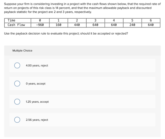 Suppose your firm is considering investing in a project with the cash flows shown below, that the required rate of return on