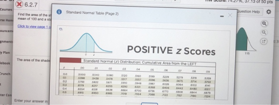 core: 74.2 / %, gr.13 of 50 pts 6.2.7 Courses Duestion Help Standard Normal Table (Page 2) Find the area of the s rse Hom mea