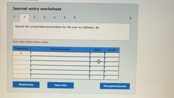 Journal entry worksheet 1 2 3 4 5 6 Record the unrecorded amortization for the year on software, $6. Note: Enter debits befor