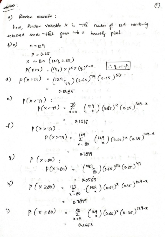 solution a) into a 5 12 (129) (0.65) * (0.35) 129-8 Random varable : here, Random variable x is the number of 129 randomly se