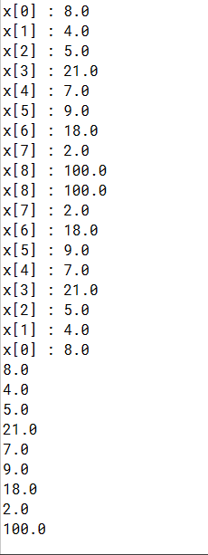 x[0] : 8.0 x[1] : 4.0 x[2] : 5.0 x[3] : 21.0 x[4] : 7.0 x[5] : 9.0 x[6] : 18.0 x[7] : 2.0 X[8] : 100.0 X[8] : 100.0 x[7] : 2.