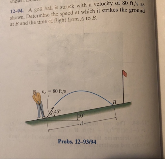 showl. Dit 12-94. A golf ball is struck with a velocity of 80 ft/sa shown. Determine the speed at which it strikes the gr at B and the time of flight from A to B. UA = 80 ft/s 45° 10。 Probs. 12-93/94