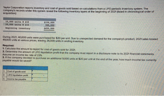 Taylor Corporation reports Inventory and cost of goods sold based on calculations from a LIFO periodic Inventory system. The