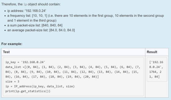 Therefore, the ip object should contain: • ip address: 192.168.0.24 • a frequency list: [10, 10, 1] (i.e. there are 10 elem