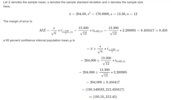 Let I denotes the sample mean, s denotes the sample standard deviation and n denotes the sample size. Here, Ž = 204.00, s2 =