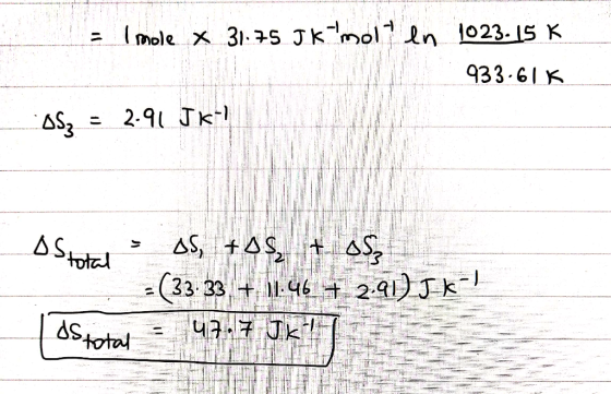 Imole X 31.7s Jkmol n 1023.15 K 933-61K - 2.91 Jk BStotal 2-91) Jk = (33. 33 + 11-46 aStotal