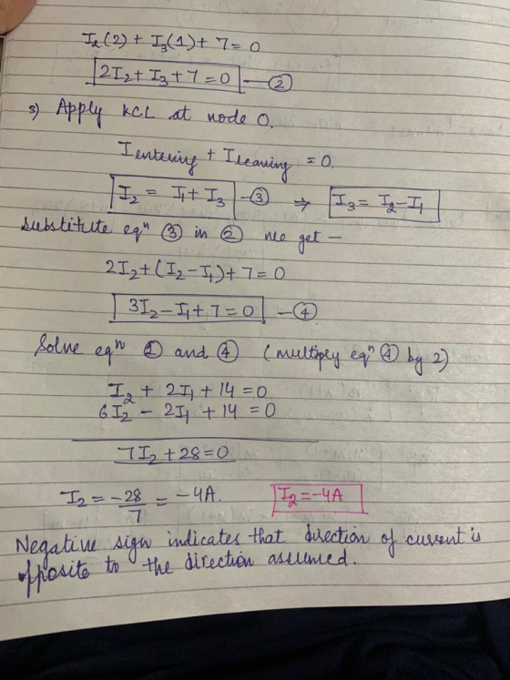 Is (2) + Iz (1) + 7 = 0 2[zt Iz +7=0 3) Apply KCL at node o. I entering + I leaving - It Is -☺ Iz= I-I substitute equ ③ in ①