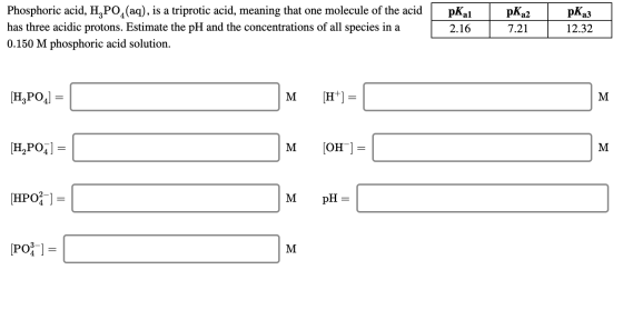 Phosphoric acid, H,PO (aq), is a triprotic acid, meaning that one molecule of the acid has three acidic protons. Estimate the