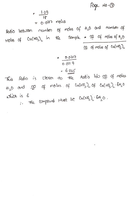 - Page No - 1.29 18 - 0.0117 moles Ratio between number of moles of H₂O and number of Moles of Cu(NO3), in the sample o of mo