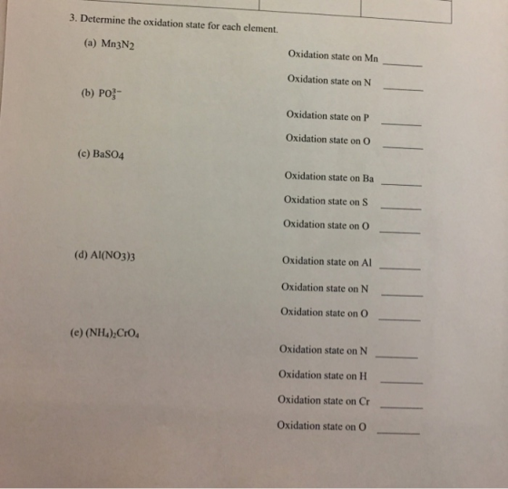 3. Determine the oxidation state for each element. (a) Mn3N2 oxidation state on Mn- Oxidation state on N (b) PO- Oxidation st