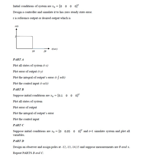 Initial conditions of system are Xo = [0 0 0 0]T Design a controller and simulate it to has zero steady state error. r is ref