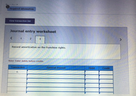 Required information View transaction list Journal entry worksheet Record amortization on the franchise rights. Note: Enter d
